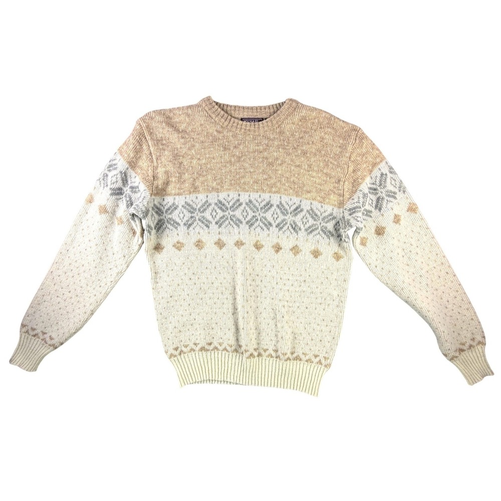 Michael Gerald Vintage Fair Isle Snowflake Wool Blend Sweater Large Tan Cream